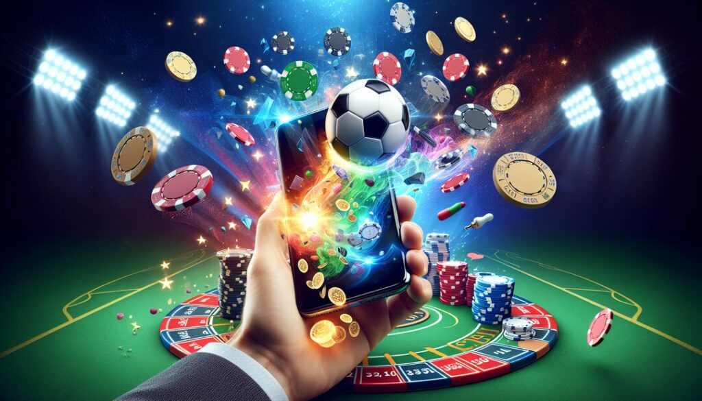 Aposta esportiva em um smartphone com fichas e bola