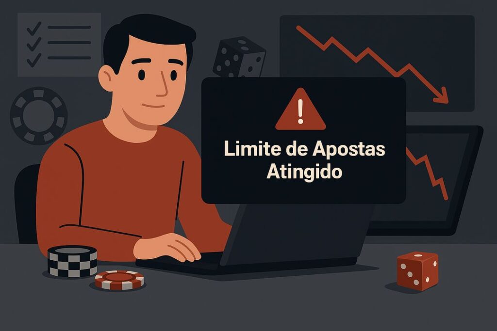 Homem ao computador com aviso de limite de apostas