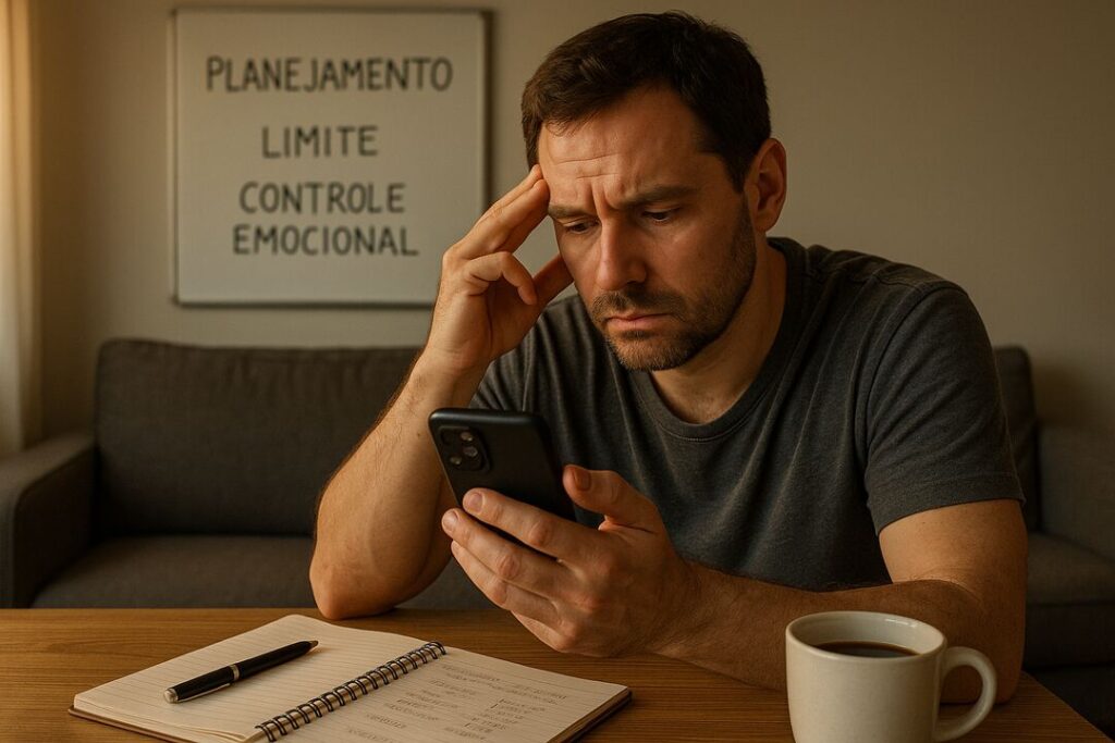 Homem preocupado olhando para o celular, com caderno ao lado.