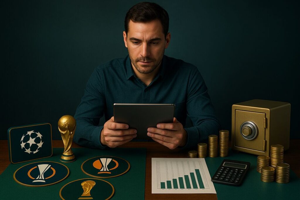 Homem analisando gráficos financeiros de futebol