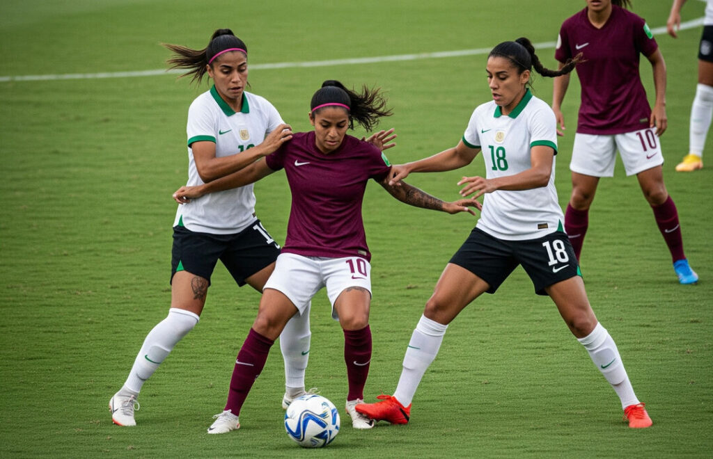 Jogadora driblando adversárias no futebol feminino.