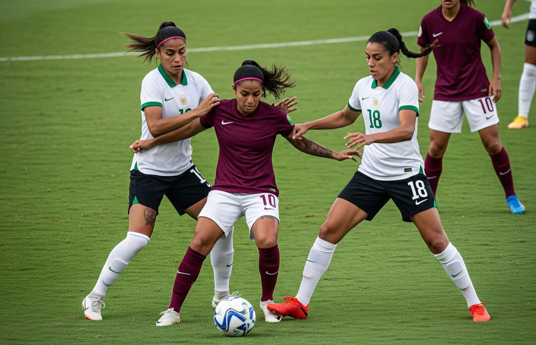 Jogadora driblando adversárias no futebol feminino.