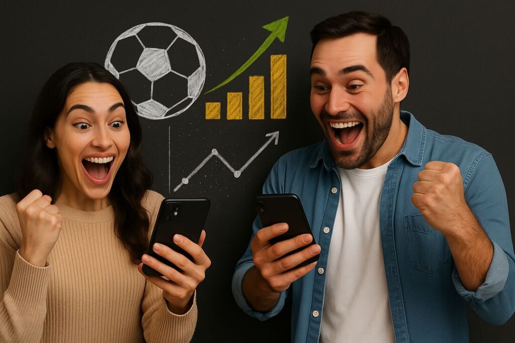 Casal comemorando resultados em celular com gráficos e futebol