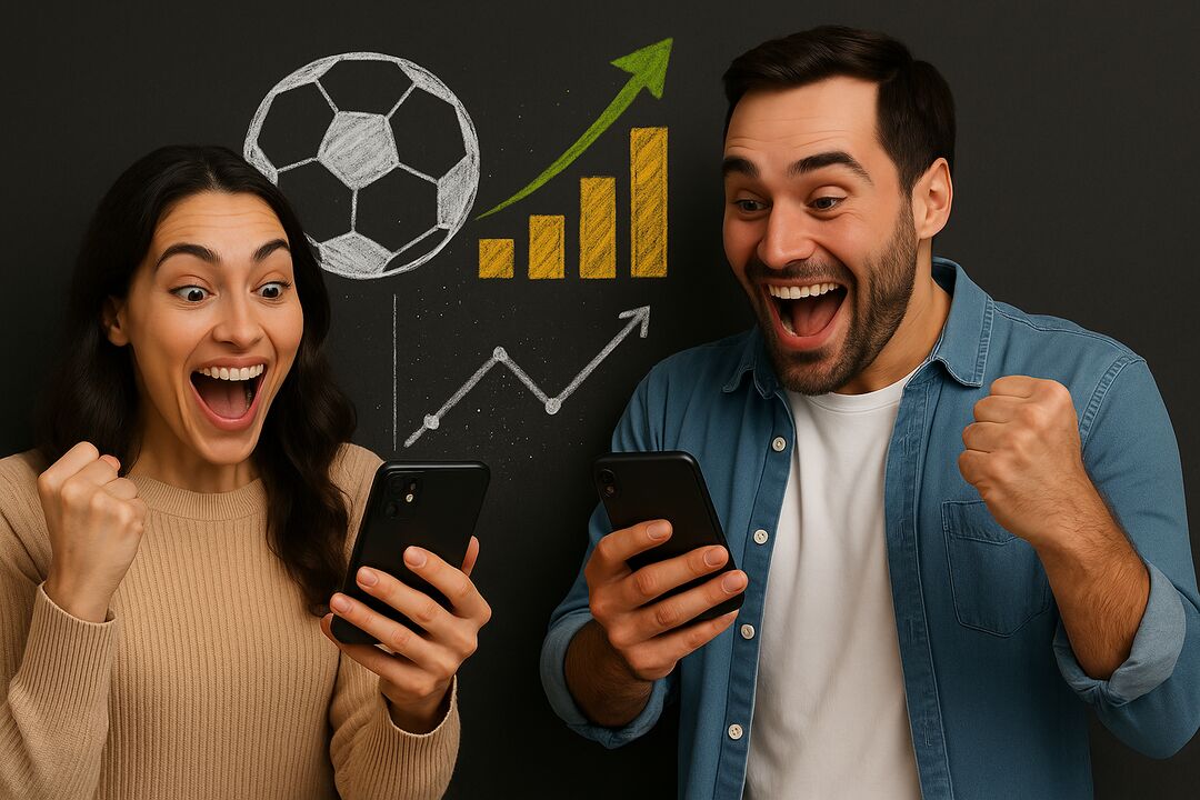 Casal comemorando resultados em celular com gráficos e futebol