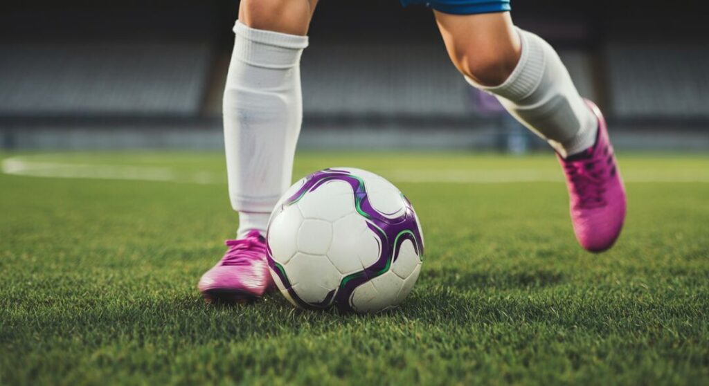 Criança jogando futebol em grama verde
