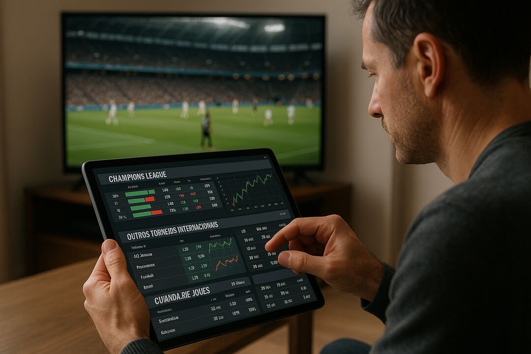 Homem assistindo futebol enquanto analisa estatísticas.