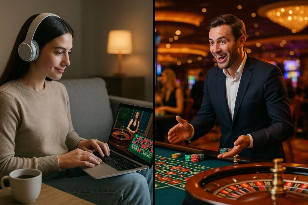 Jogadora online em cassino e dealer ao vivo feliz