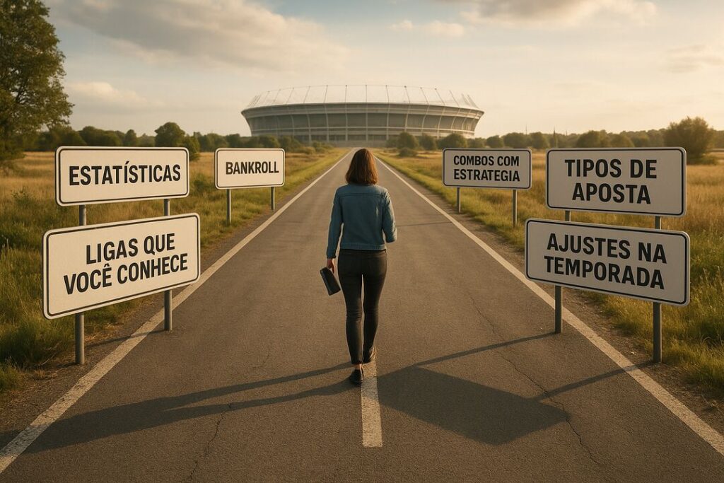Pessoa caminhando em caminho com placas sobre apostas