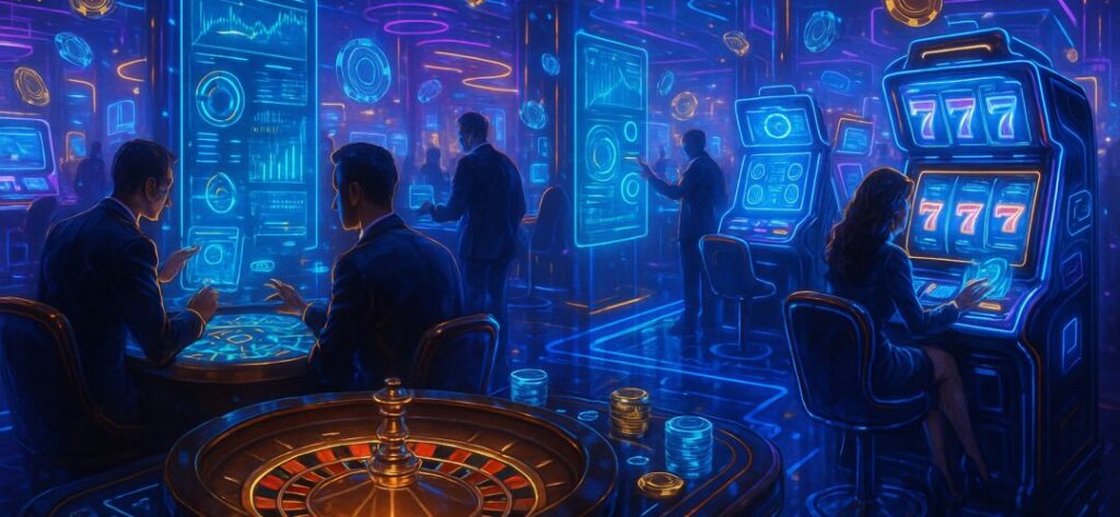 Cenário vibrante de cassino com jogos e pessoas