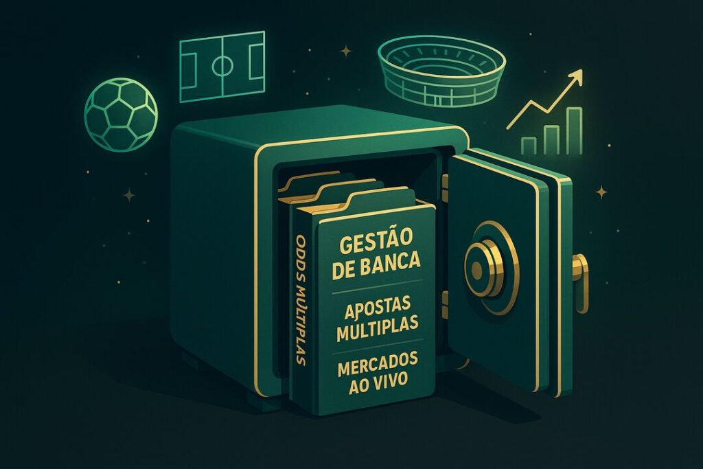 Ilustração de cofre com livros sobre apostas esportivas.