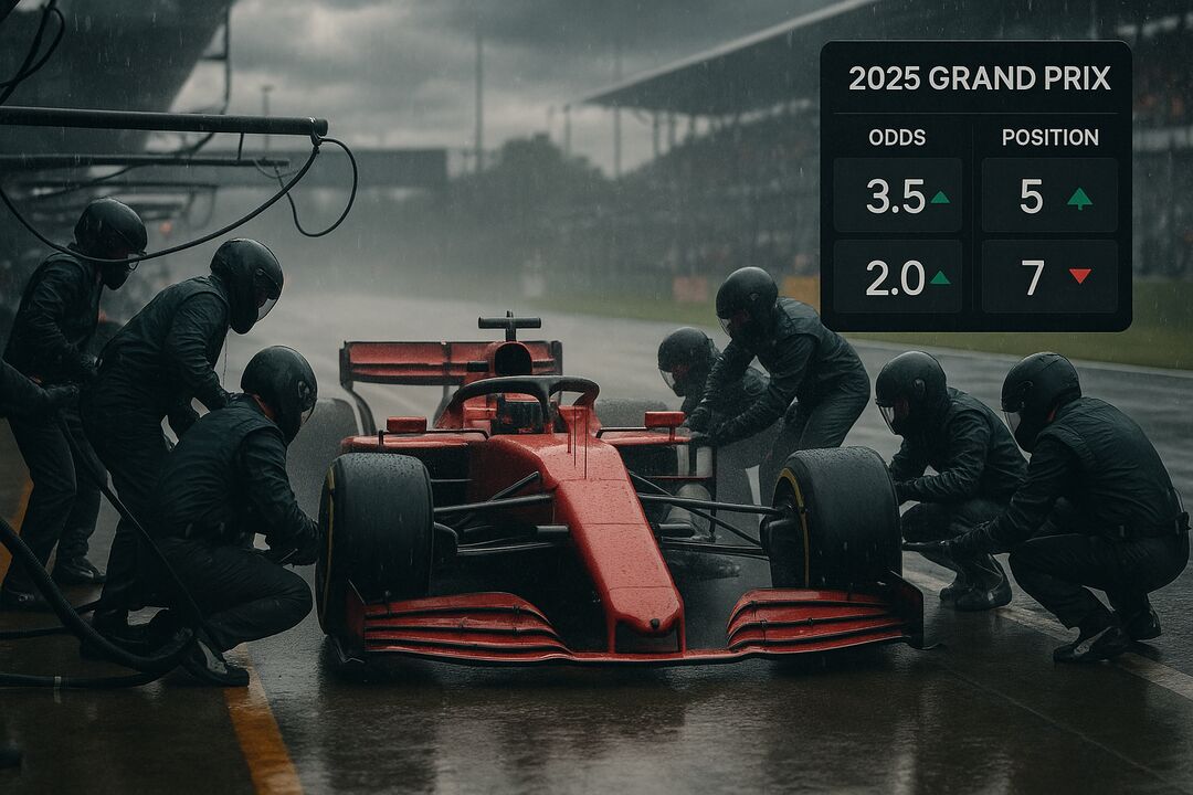 Equipe de pit stop sob chuva em corrida de Fórmula 1.