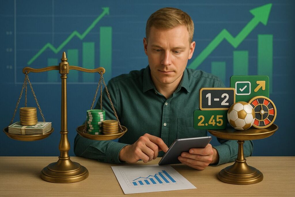 Homem analisando gráficos financeiros com tablet.