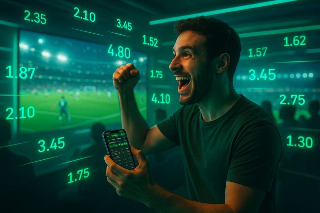Homem feliz olhando para o celular em ambiente esportivo