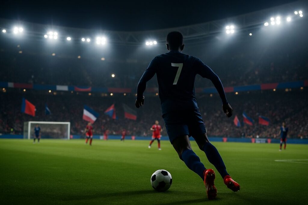 Jogador chutando bola em campo iluminado