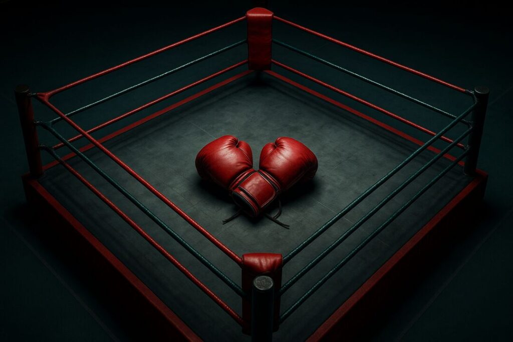 Luvas de boxe em formato de coração no ringue.