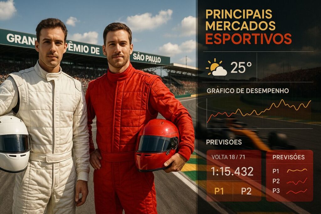 Dois pilotos de corrida em traje esportivo na pista.