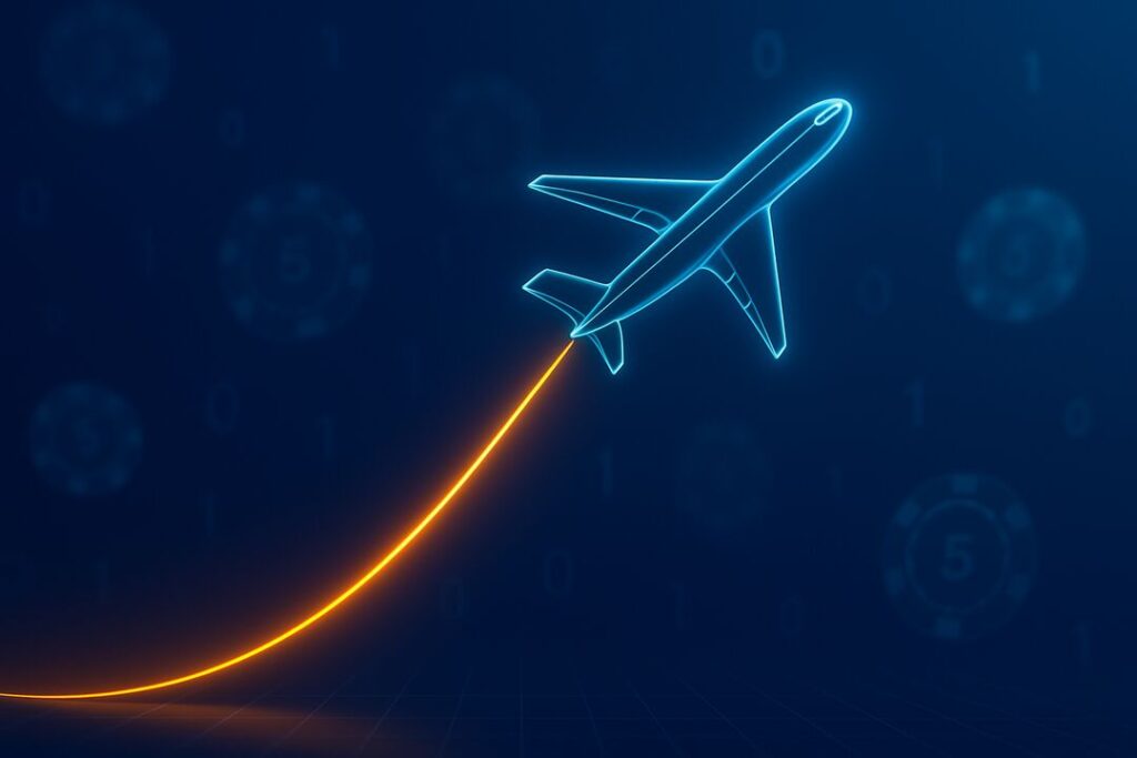 Avião em neon decolando em fundo digital