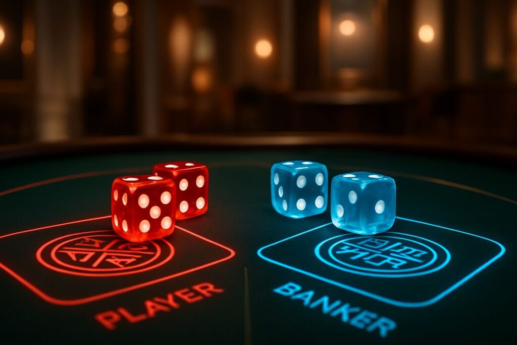 Dados coloridos em mesa de jogo de azar.