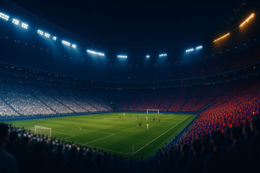Estádio de futebol iluminado com torcedores coloridos