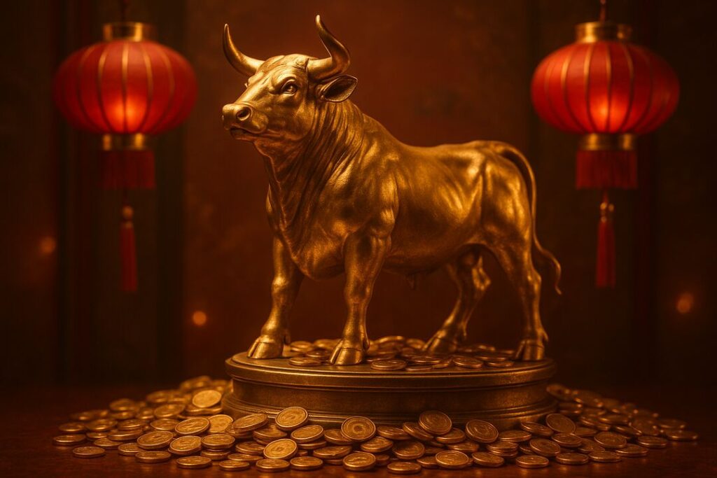 Estátua de touro dourado com moedas e lanternas vermelhas
