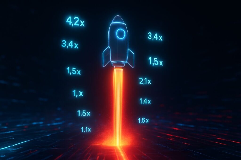 Foguete digital com métricas de desempenho em neon