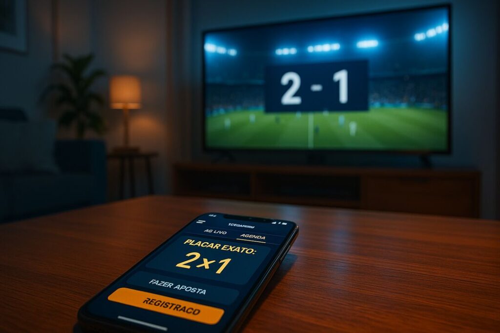 Aposta em jogo de futebol; placar 2 a 1 na tela.