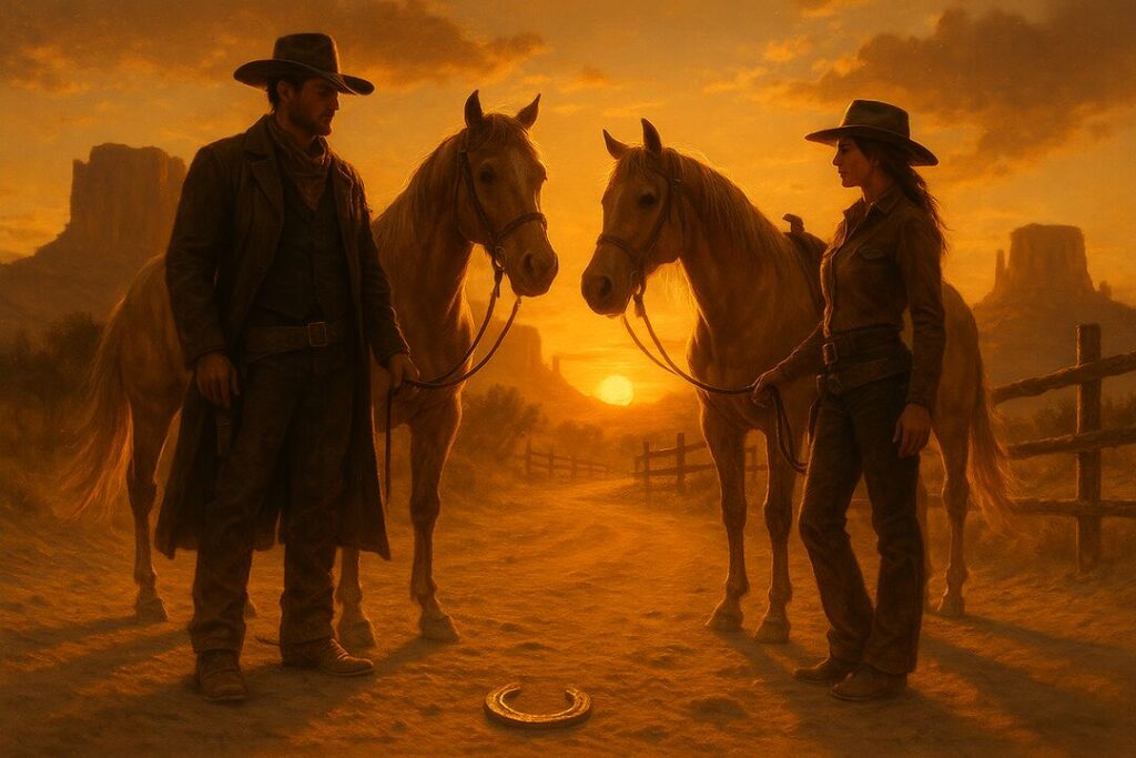 casal do cowboys ao por do sol