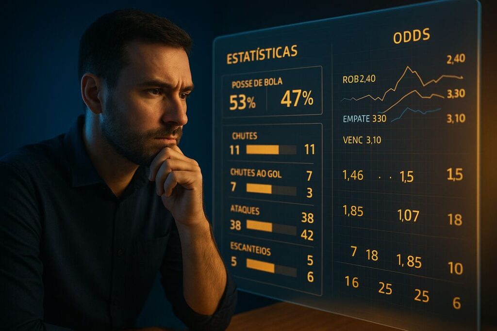 Homem analisando estatísticas de jogo em tela.