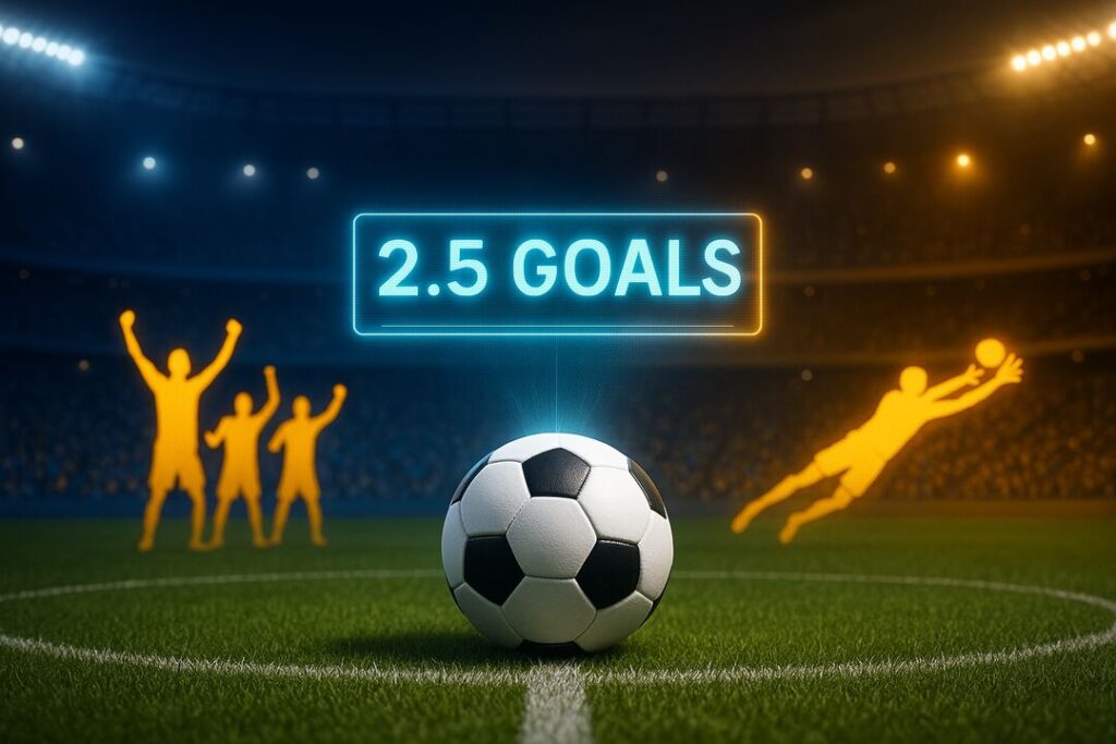 Imagem de futebol com destaque para 2.5 gols.