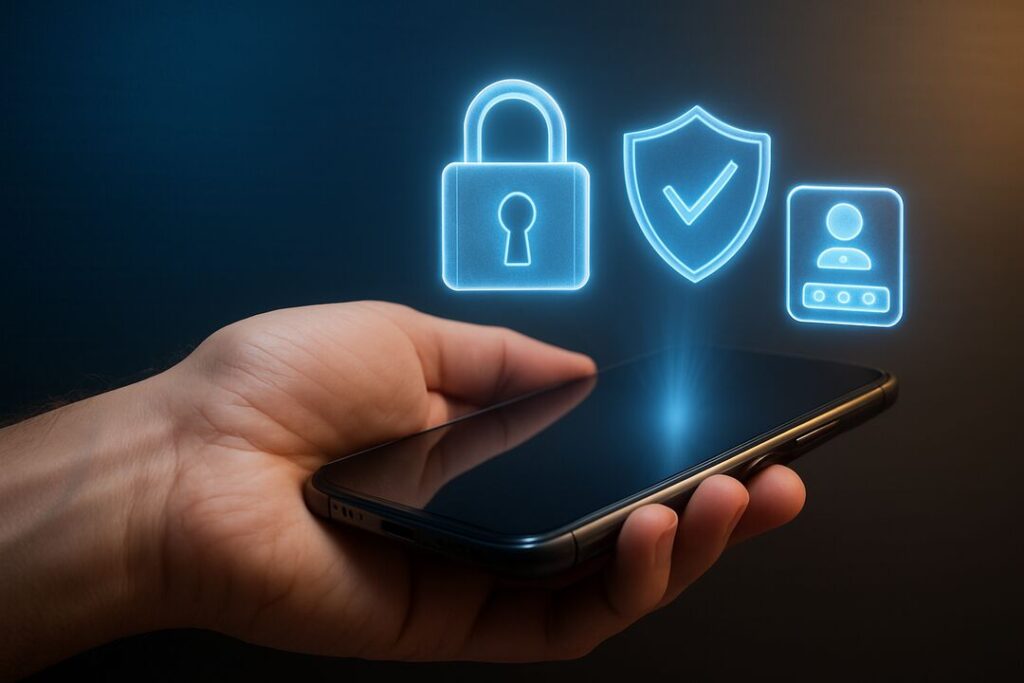 Símbolos de segurança digital sobre smartphone
