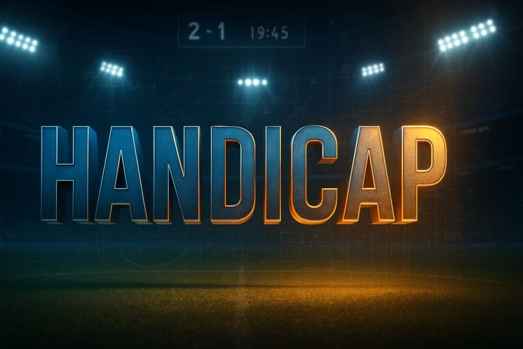 Texto em destaque 'HANDICAP' em fundo de estádio